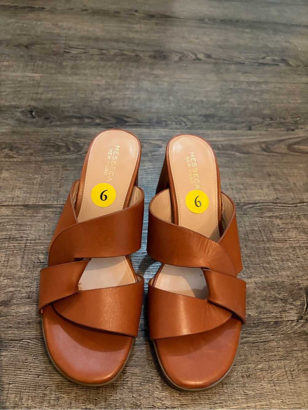 Messeca New York Tan Leather Crossband Slide Mules